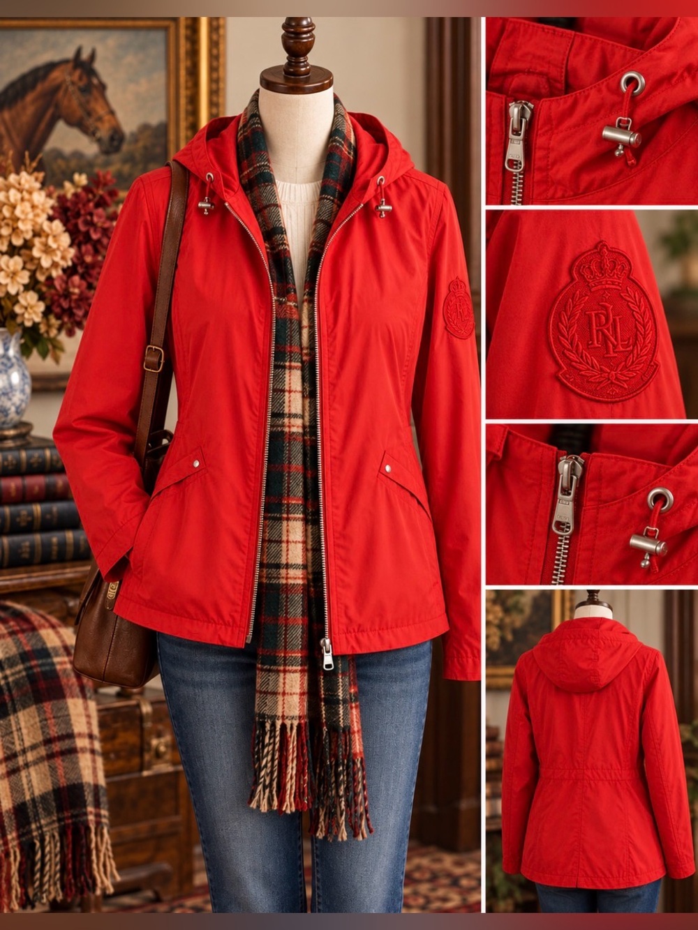 *Lauren -Ralph Lauren red hooded jacket with scarf print lining- pockets